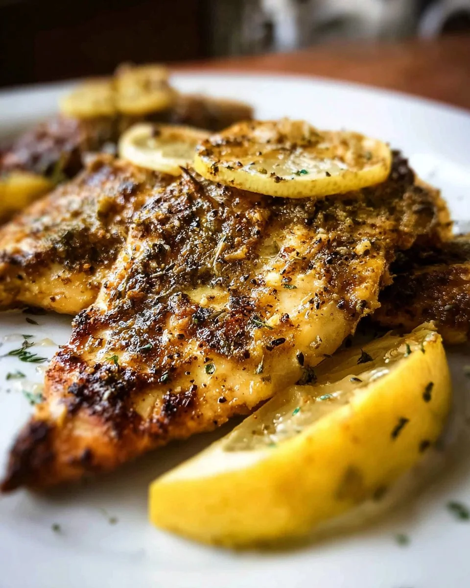 Delicious lemon pepper chicken served on a plate with fresh herbs.