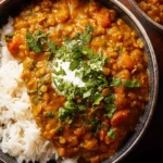 Bowl of delicious homemade Lentil Curry with spices and herbs