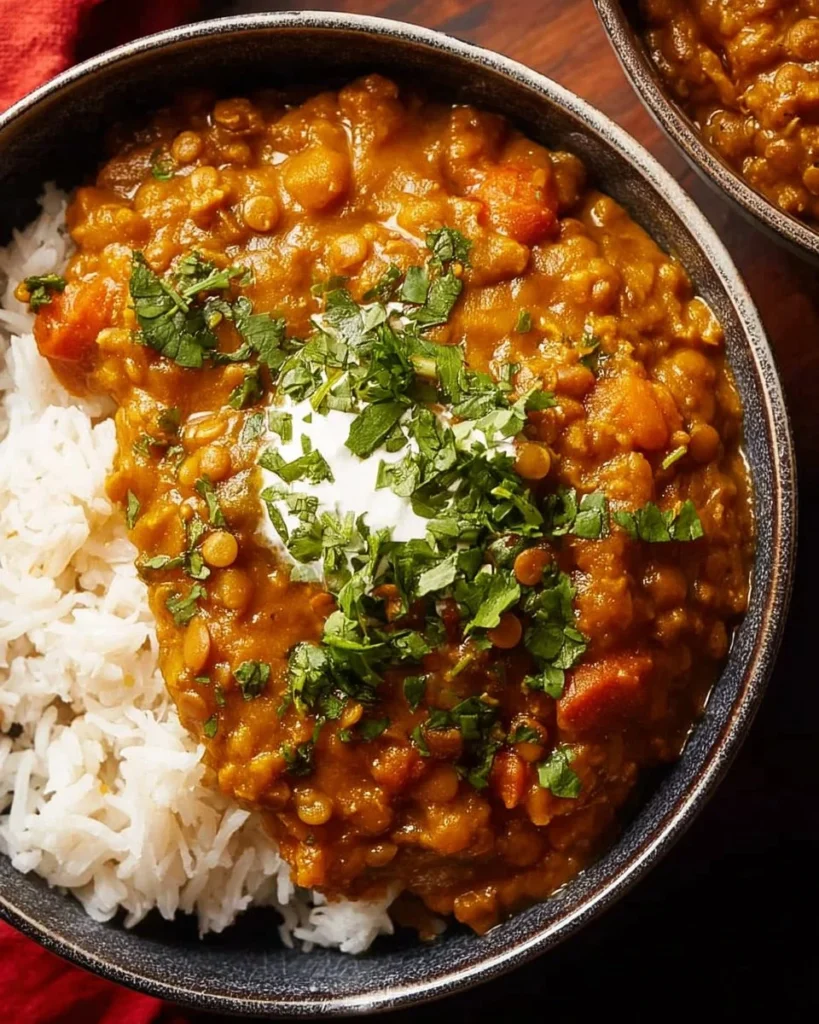 Bowl of delicious homemade Lentil Curry with spices and herbs