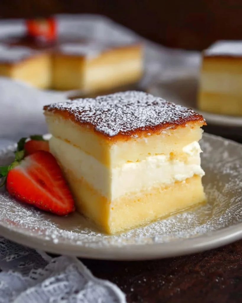 Slice of Magic Three Layer Custard Cake with creamy layers and colorful toppings.