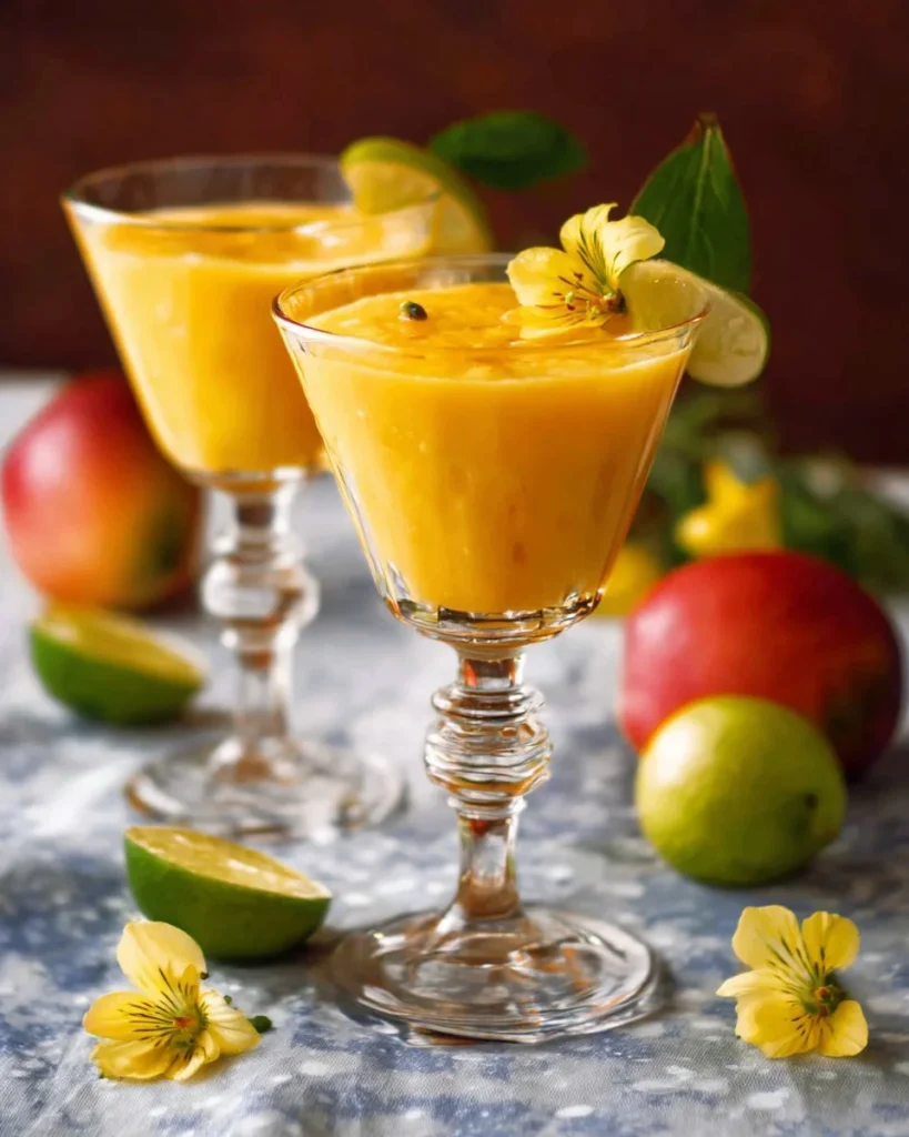 Refreshing Mango Daiquiris cocktail served in a chilled glass with garnish.