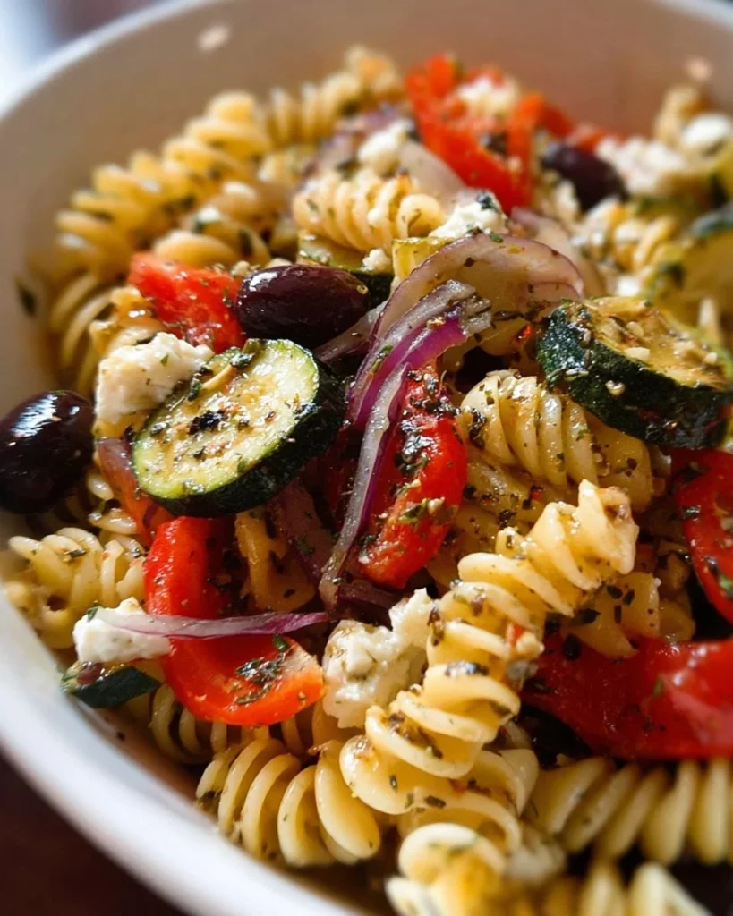 A vibrant marinated vegetarian pasta salad with colorful vegetables and herbs
