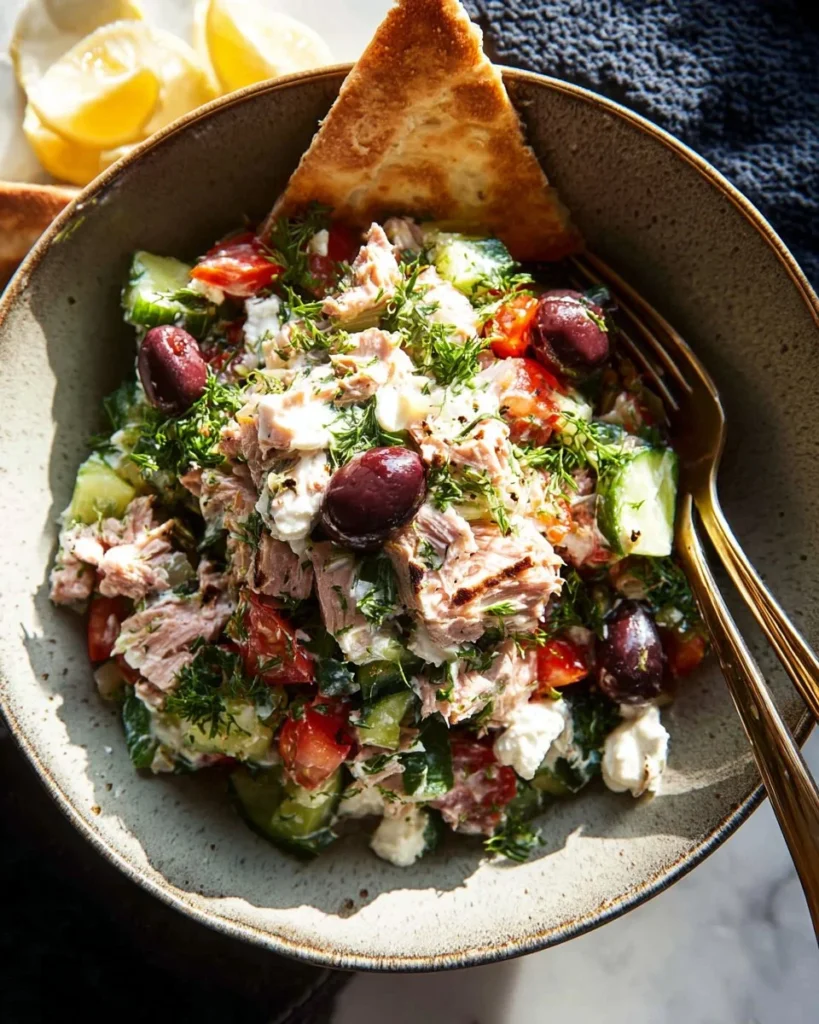 Mediterranean Tuna Salad topped with Creamy Feta Dressing in a bowl