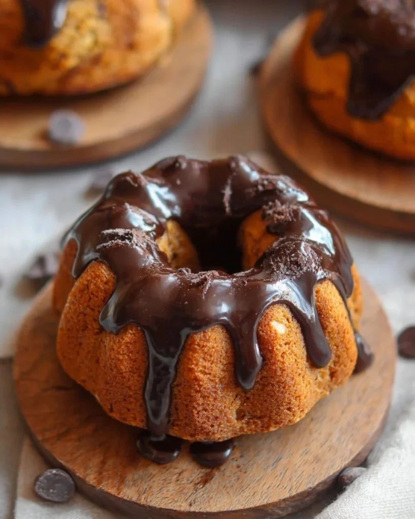 Mini pumpkin bundt cake with chocolate rum glaze on a decorative plate