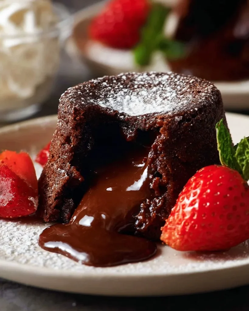 Delicious molten chocolate cake with gooey center served on a plate