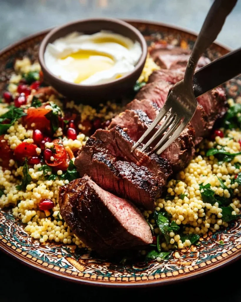 Delicious Moroccan lamb backstrap dish garnished with herbs and spices