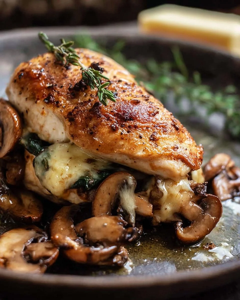 Mushroom stuffed chicken breast on a white plate with fresh herbs.
