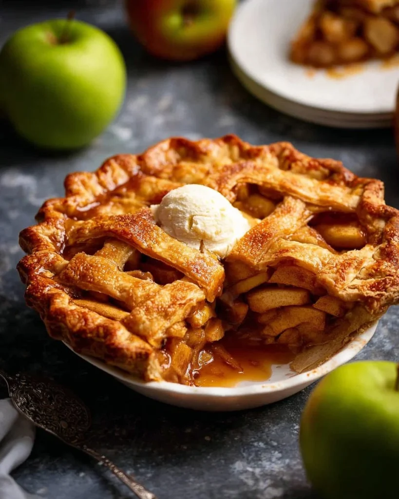 Delicious homemade apple pie with a golden crust and fresh apples