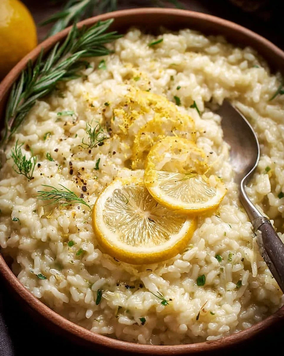 No-Stir Creamy Lemon Herb Baked Risotto served in a bowl
