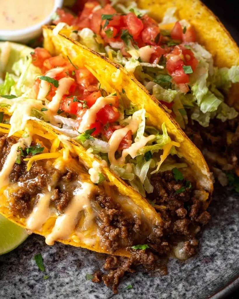 Old School Beef Tacos served with fresh toppings and a side of salsa.