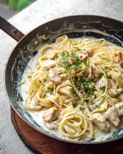 One Pot Chicken Alfredo Pasta in a skillet, creamy and delicious meal