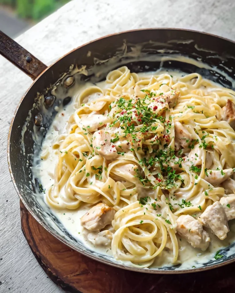 One Pot Chicken Alfredo Pasta in a skillet, creamy and delicious meal