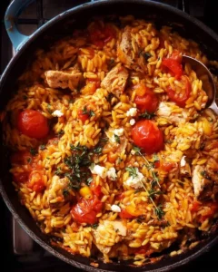 One Pot Chicken Risoni served with fresh herbs in a white bowl