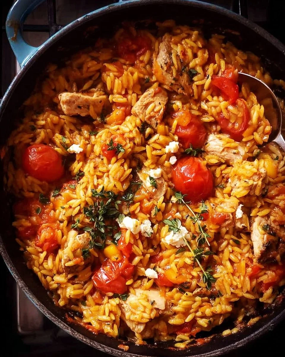 One Pot Chicken Risoni served with fresh herbs in a white bowl