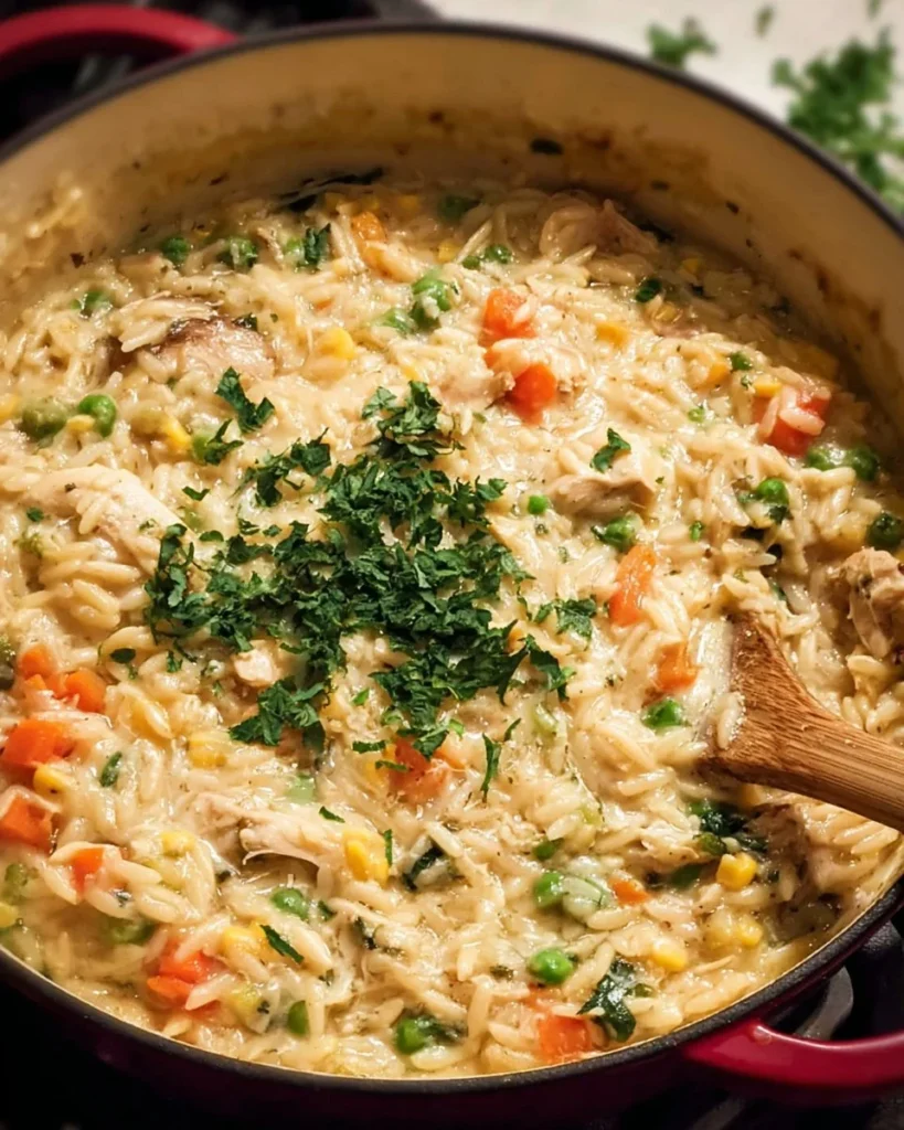 One Pot Chicken, Vegetable & Parmesan Orzo served in a bowl