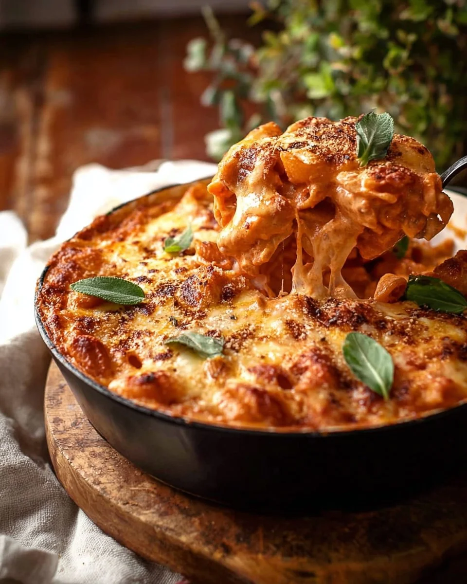 One Pot Creamy Tomato Chicken Pasta Bake with herbs and chicken in a casserole dish