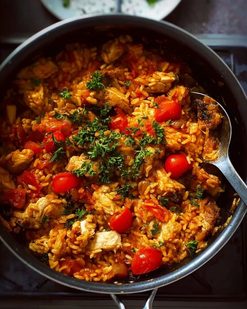 Delicious one-pot Greek chicken risoni dish served in a bowl.
