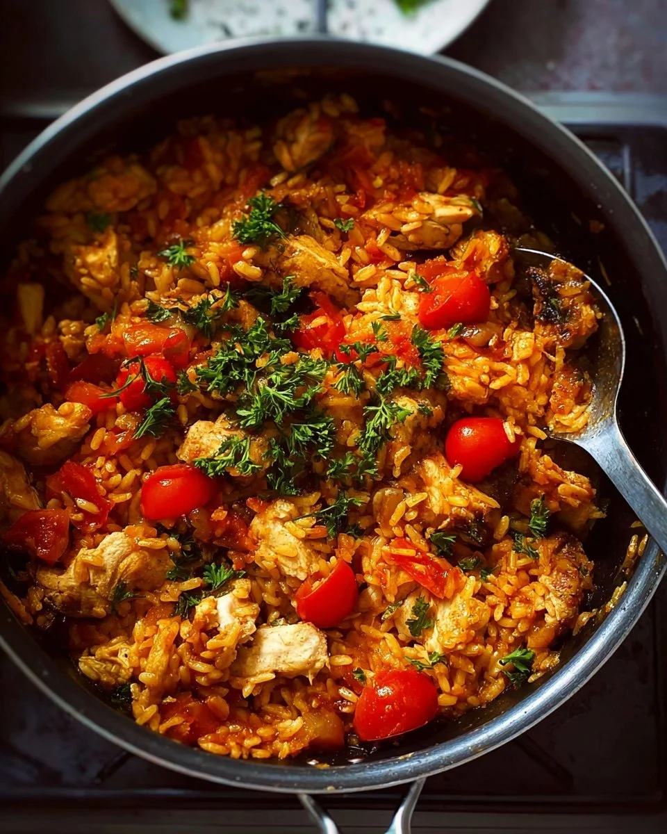 Delicious one-pot Greek chicken risoni dish served in a bowl.