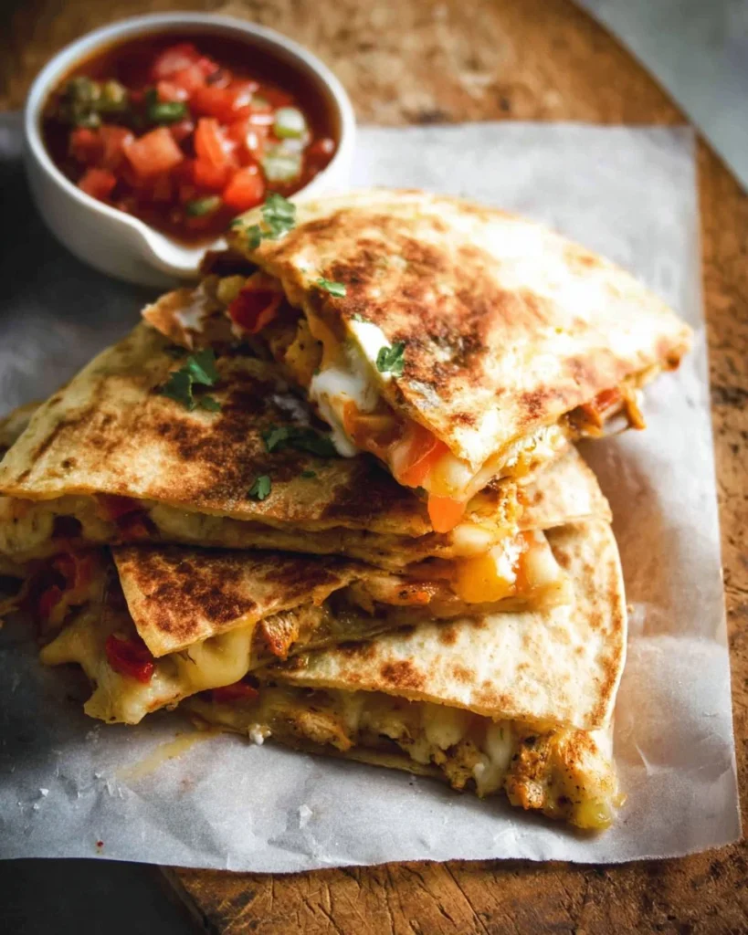 Oven baked chicken quesadillas served with salsa and guacamole.
