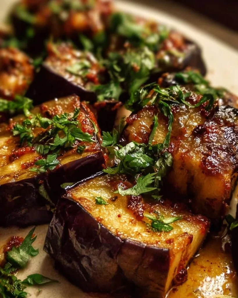 Delicious oven roasted eggplant sliced and served on a plate