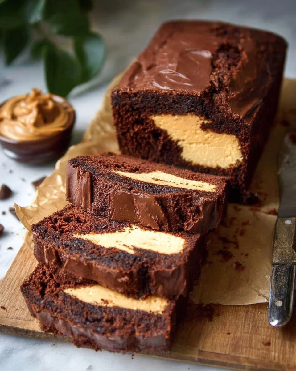 Peanut Butter Cheesecake Stuffed Chocolate Loaf dessert slice