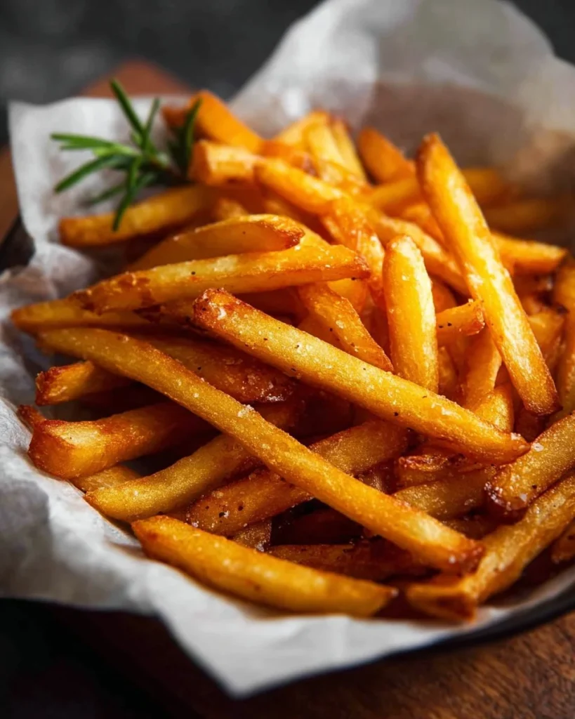 A plate of perfectly crispy French fries garnished with herbs