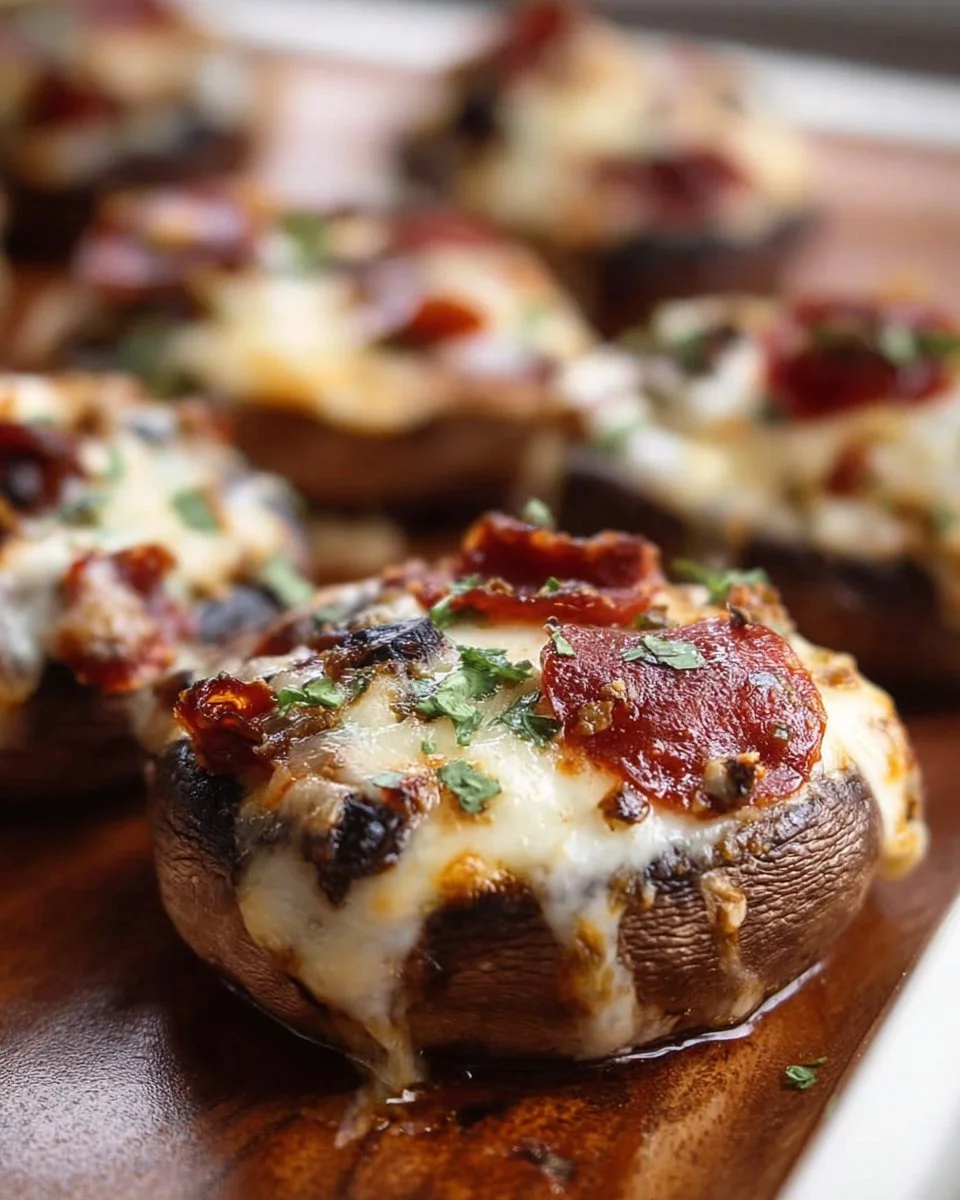 Delicious pizza stuffed mushrooms filled with cheese and toppings