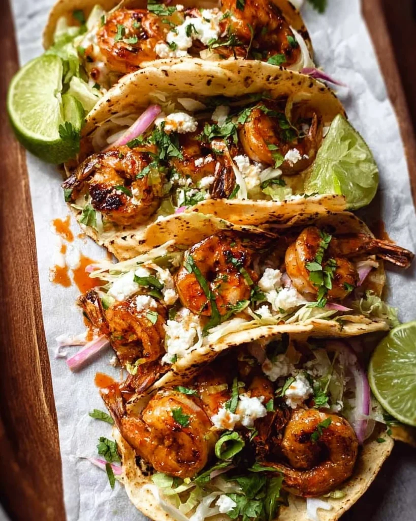 Prawn tacos with chipotle lime marinade served on a plate