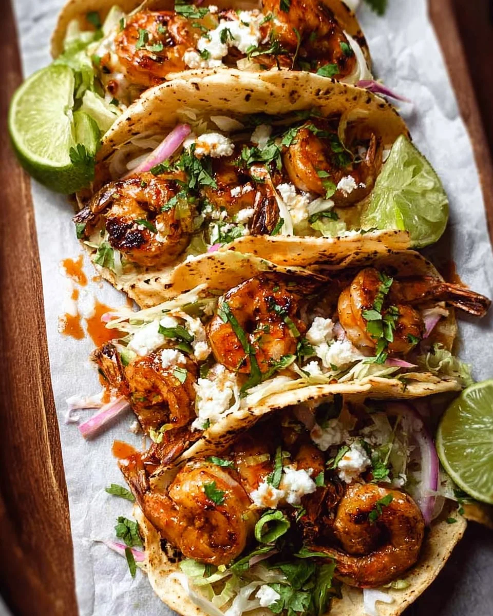 Prawn tacos with chipotle lime marinade served on a plate