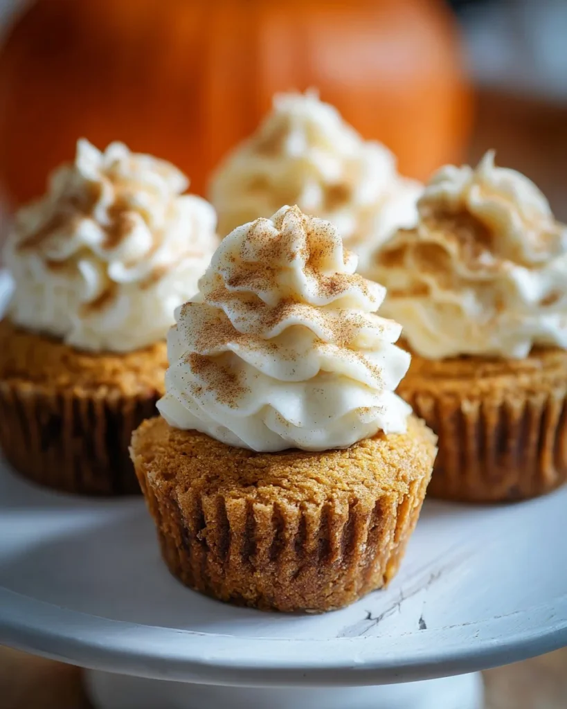 Delicious pumpkin cheesecake cupcakes topped with cream cheese frosting.
