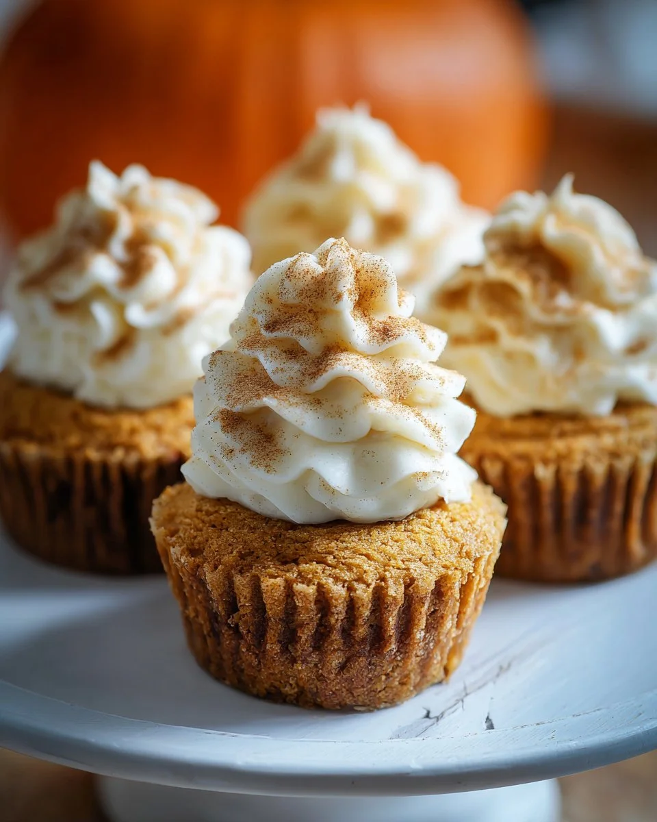 Delicious pumpkin cheesecake cupcakes topped with cream cheese frosting.