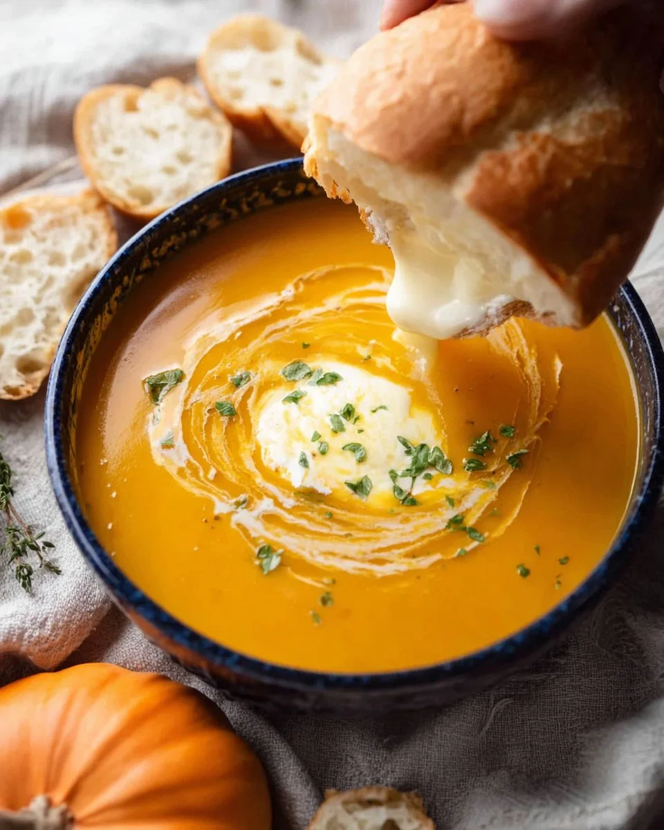 Bowl of classic pumpkin soup topped with herbs and cream