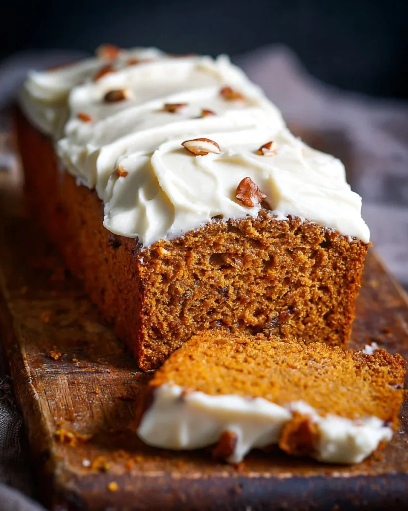Delicious Pumpkin Spice Bread with Cream Cheese Frosting decorated on a rustic table