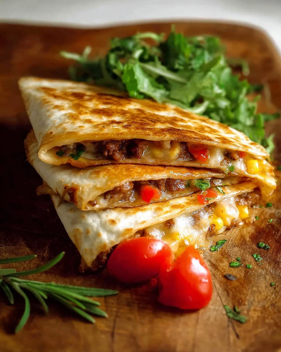 Delicious quesadilla with beef, vegetables, and chicken on a plate