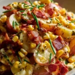 Red potato salad with bacon and corn in a serving bowl.