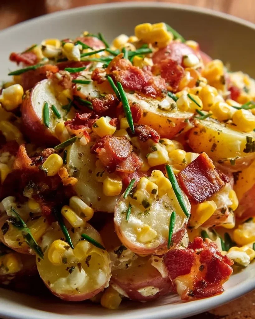 Red potato salad with bacon and corn in a serving bowl.