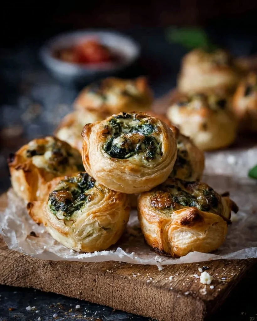 Golden baked ricotta and spinach puff pastry bites on a serving platter.