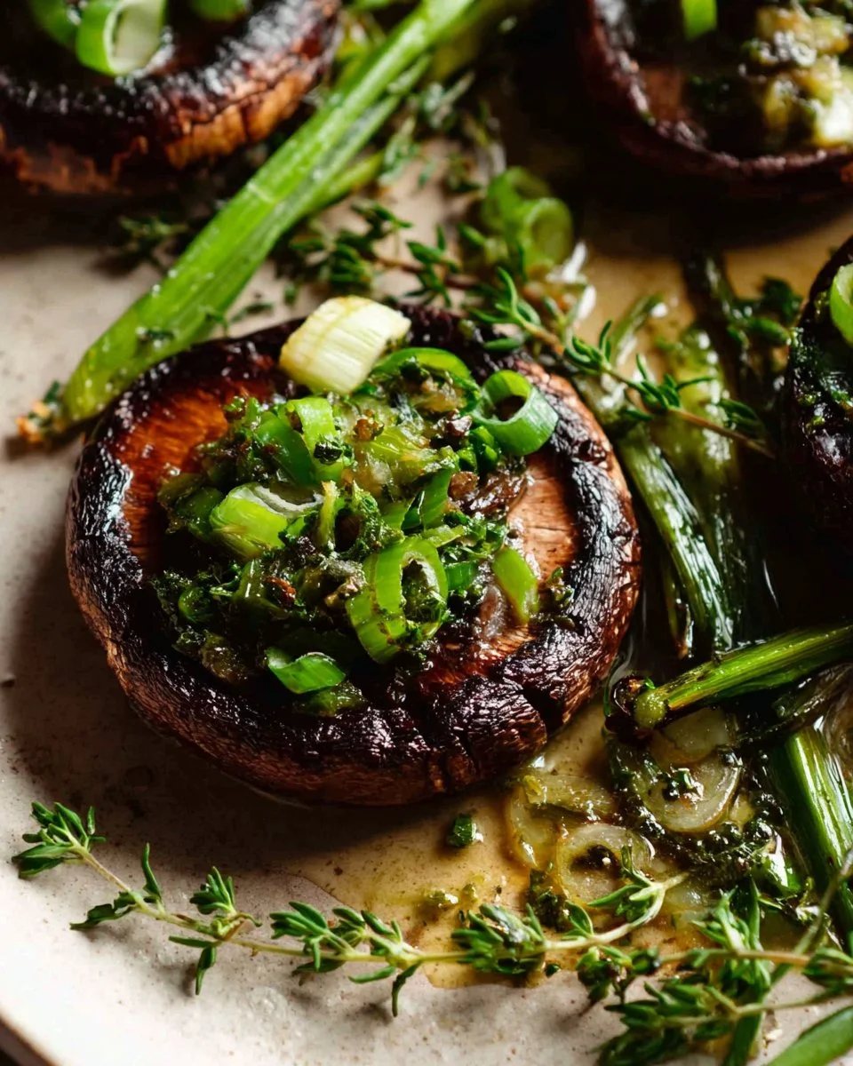 Delicious roasted flat mushrooms with green onion, thyme, and melted butter