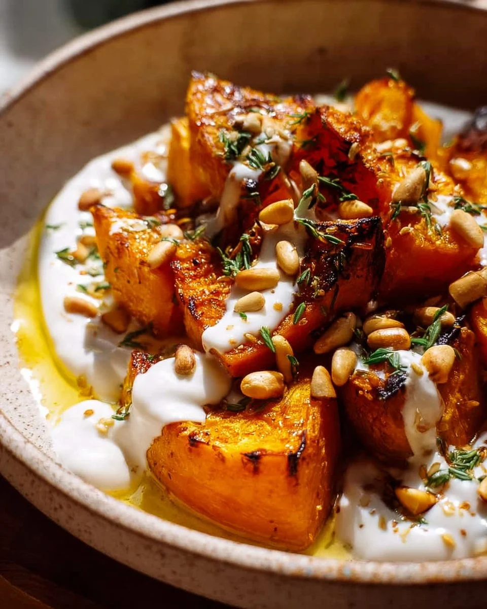 Roasted pumpkin served with lemon yogurt sauce and sprinkled with pine nuts.