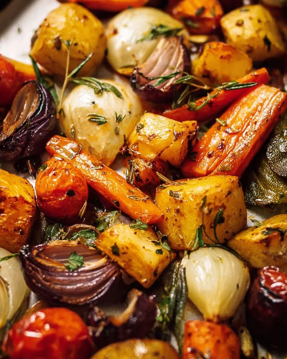 Colorful platter of roasted vegetables, including carrots, bell peppers, and zucchini.