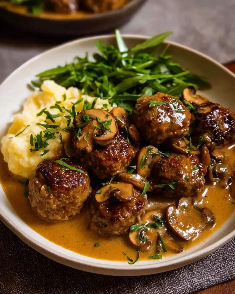 Salisbury steak meatballs topped with creamy mushroom gravy on a plate