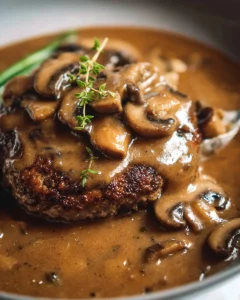 Salisbury steak topped with creamy mushroom gravy served on a plate