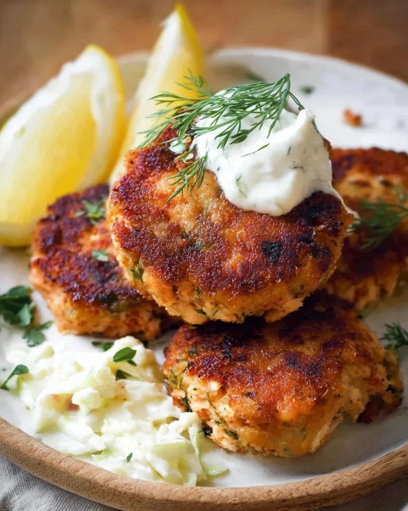 Golden brown salmon patties served with lemon and herbs