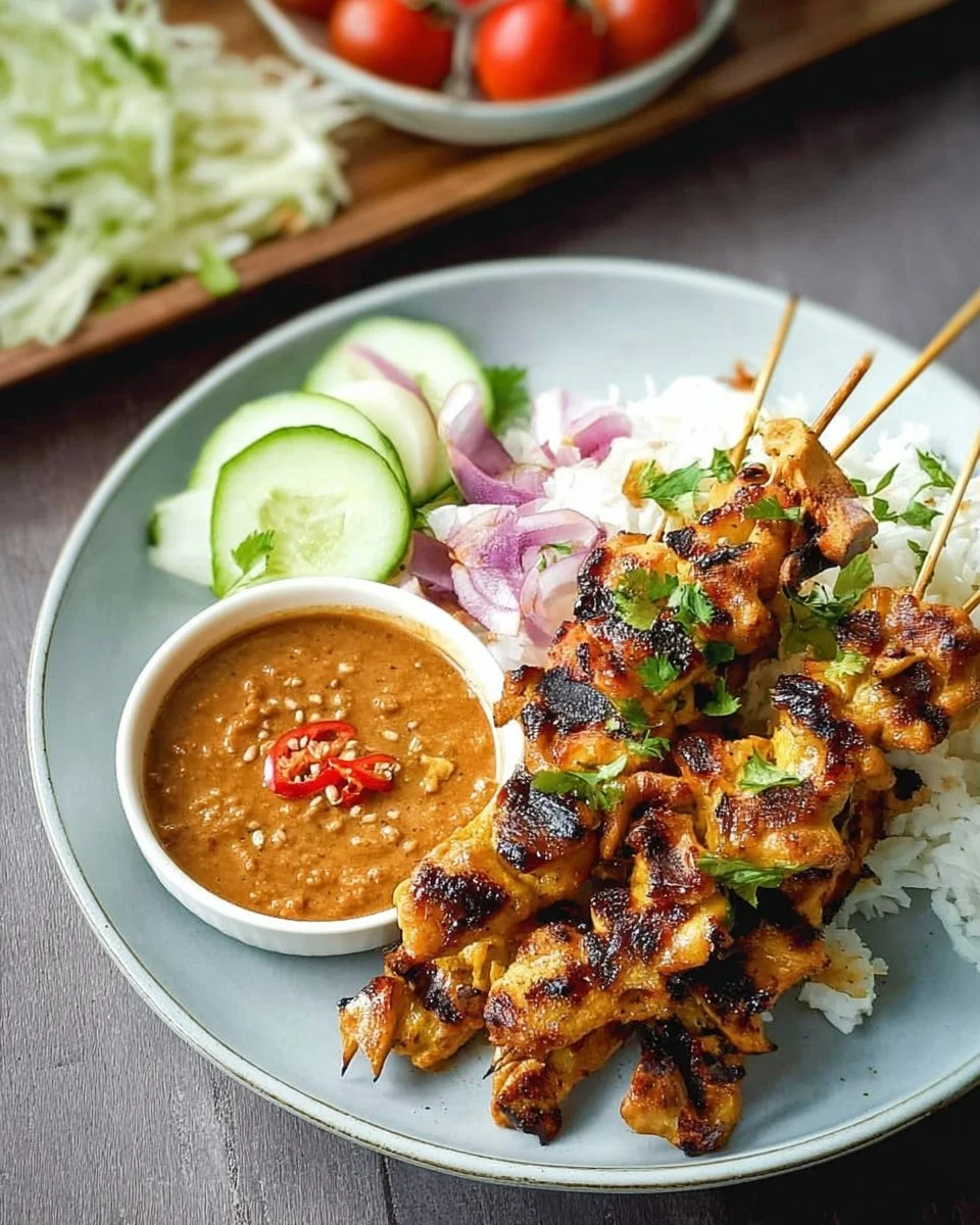 Delicious satay chicken with peanut sauce on a plate
