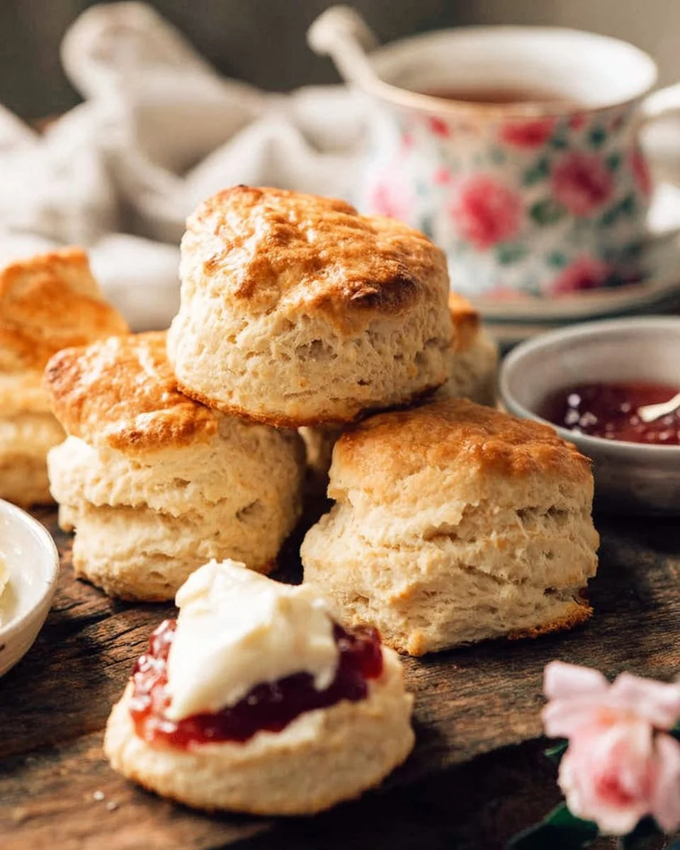 A plate of freshly baked scones served with clotted cream and jam