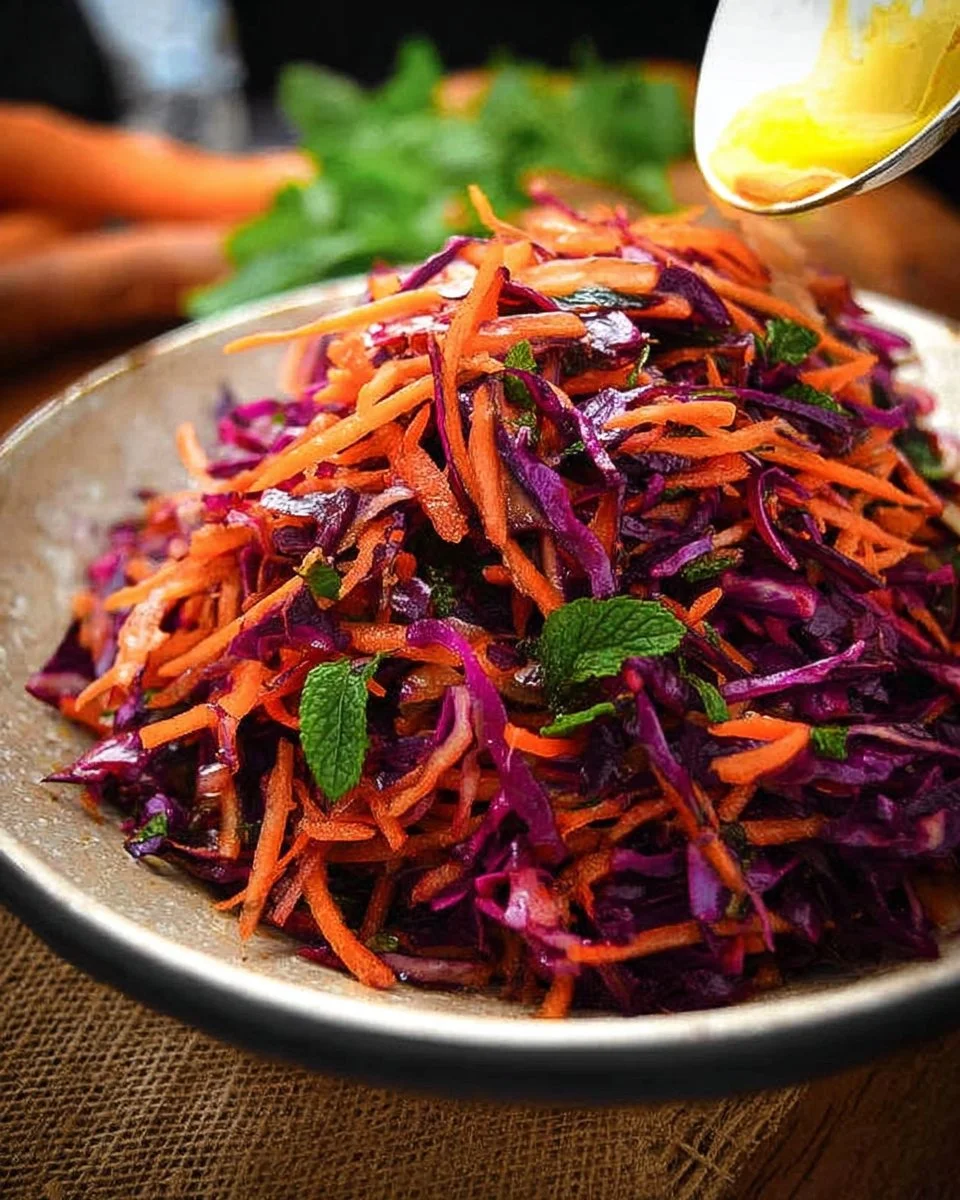 Shredded red cabbage salad with carrots and mint garnished on a plate.