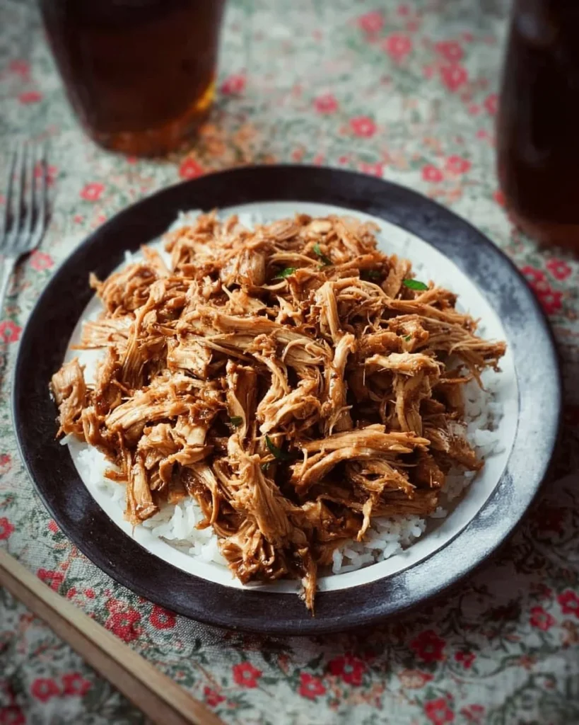 Delicious shredded sweet soy chicken breast served on a plate.