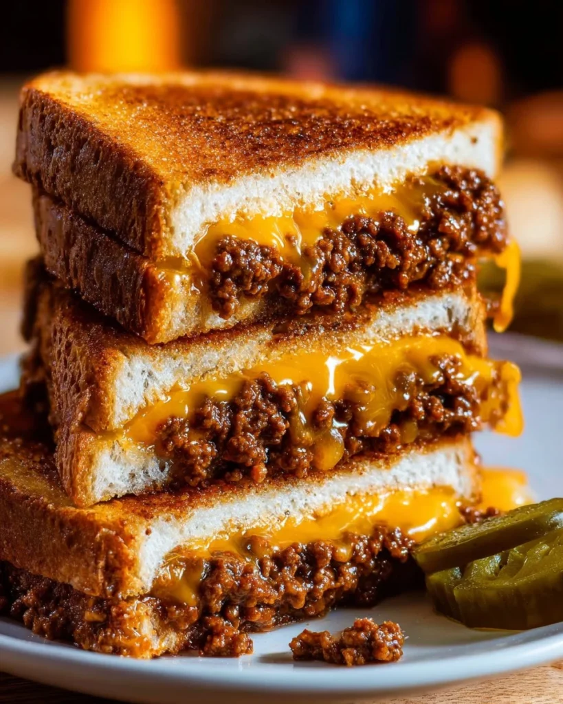 Sloppy Joe Grilled Cheese sandwich with melted cheese and savory filling