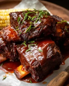 Slow cooked beef ribs glazed with barbecue sauce on a serving platter