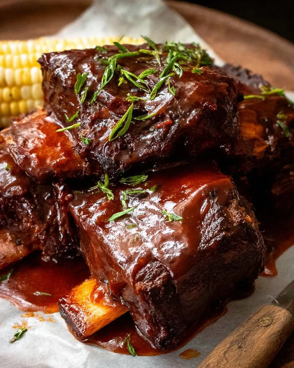 Slow cooked beef ribs glazed with barbecue sauce on a serving platter